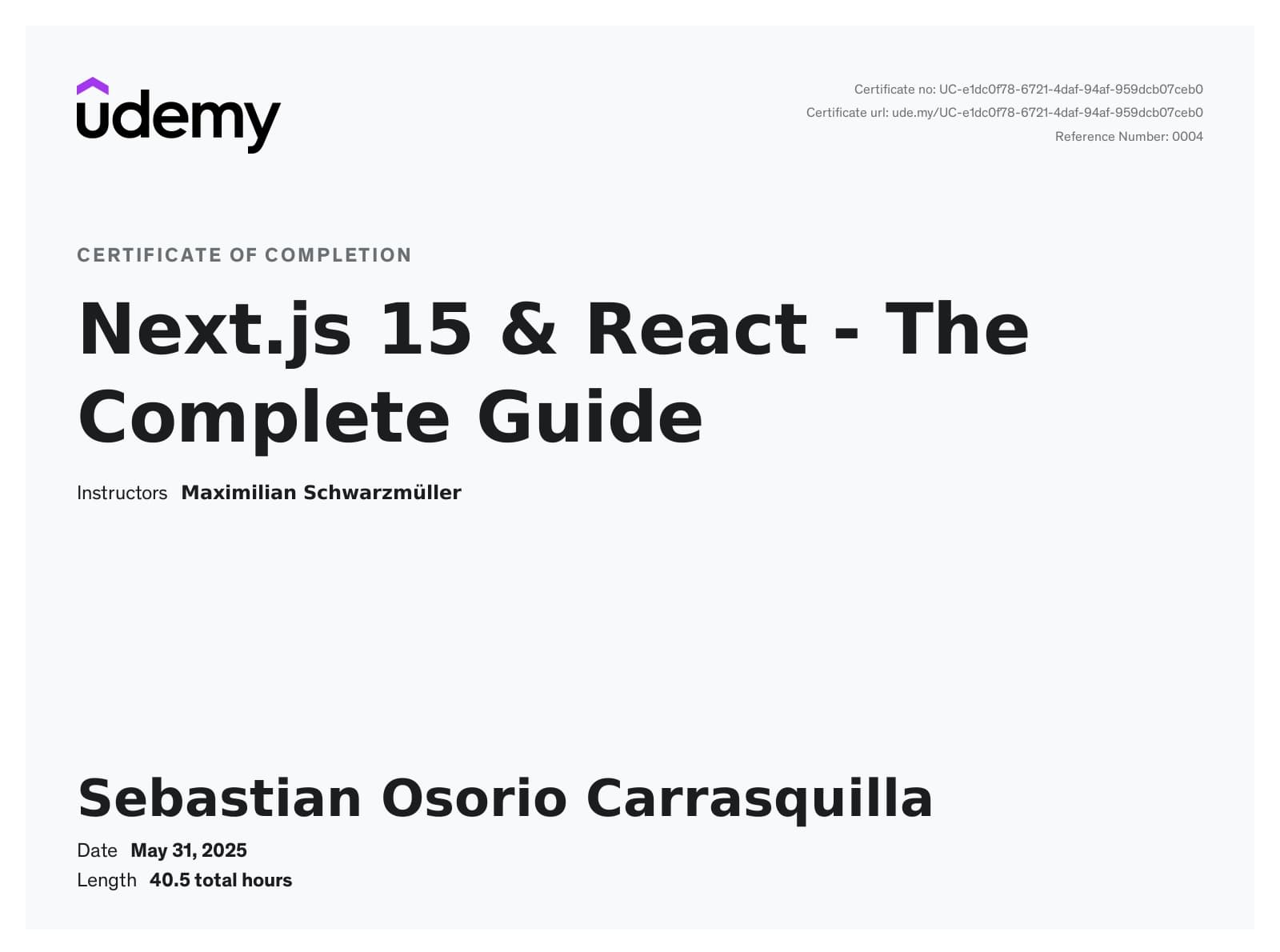 Next.js 15 & React - The Complete Guide Certificate